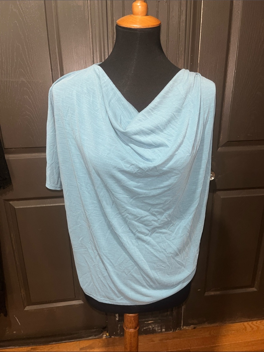Green Envelope Light Blue Draped Cowl Neck Blouse